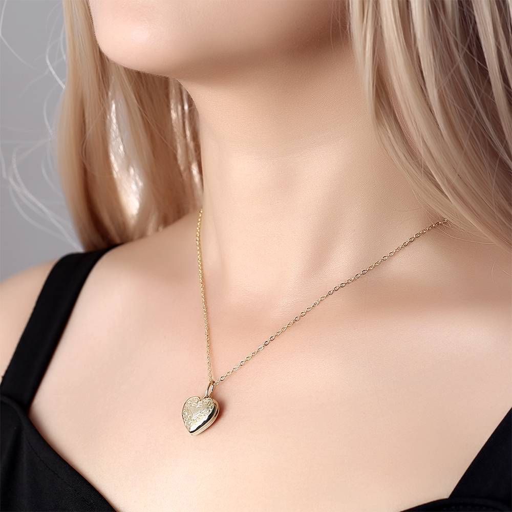 Embossed Printing Heart Photo Locket Necklace With Engraving 14k Gold Plated-Blongser