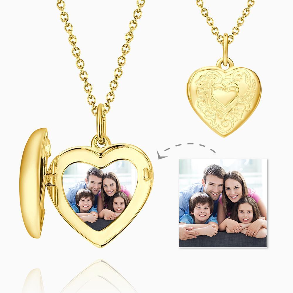 Embossed Printing Heart Photo Locket Necklace With Engraving 14k Gold Plated-Blongser