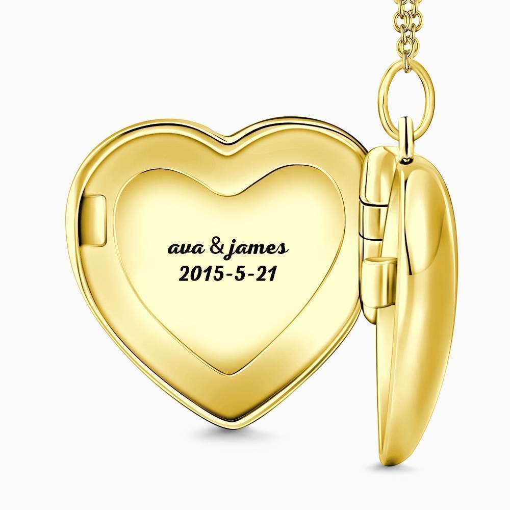 Embossed Printing Heart Photo Locket Necklace With Engraving 14k Gold Plated-Blongser