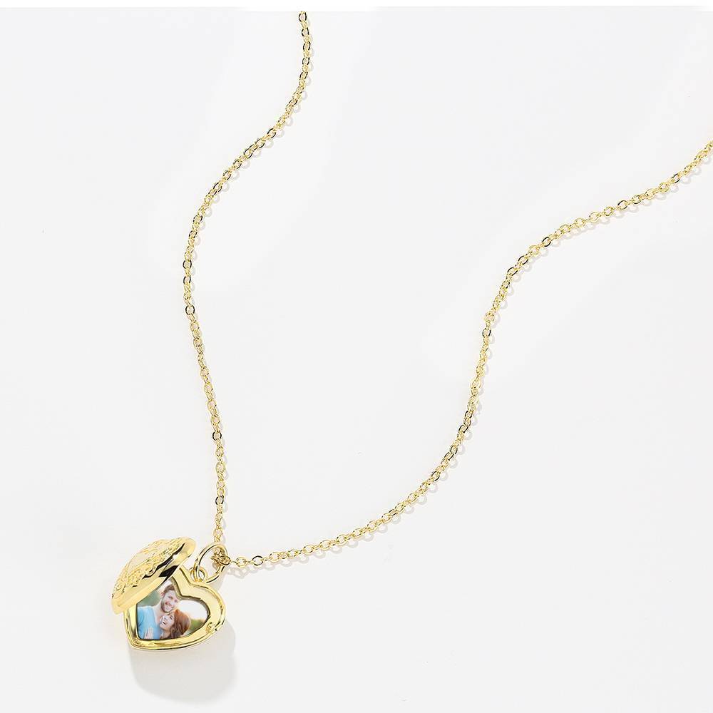 Embossed Printing Heart Photo Locket Necklace With Engraving 14k Gold Plated-Blongser