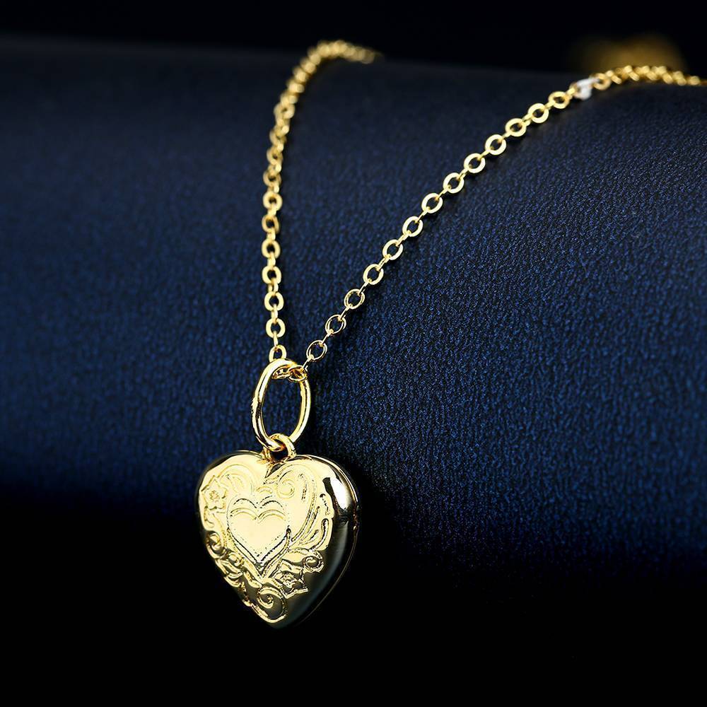 Embossed Printing Heart Photo Locket Necklace With Engraving 14k Gold Plated-Blongser