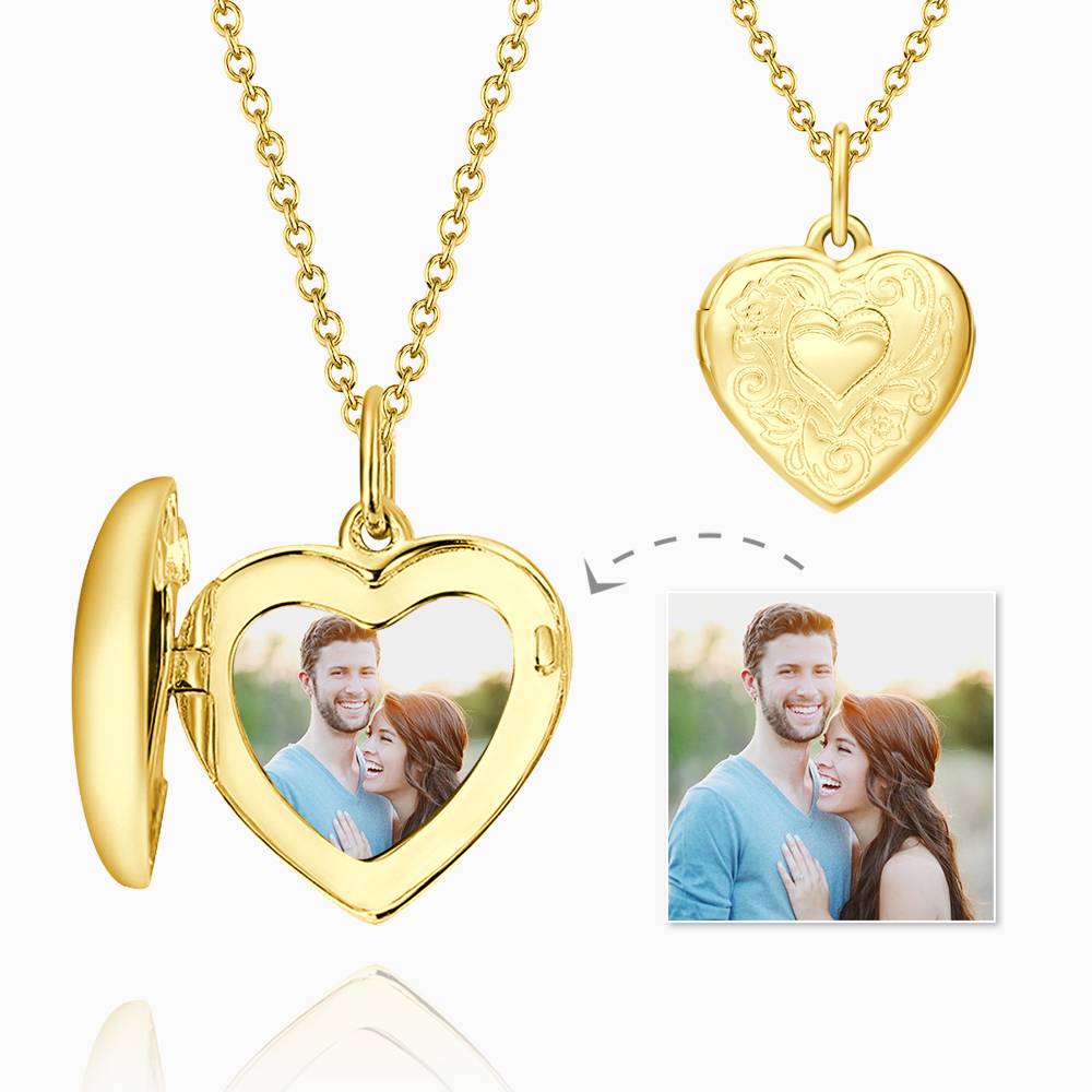 Embossed Printing Heart Photo Locket Necklace With Engraving 14k Gold Plated-Blongser