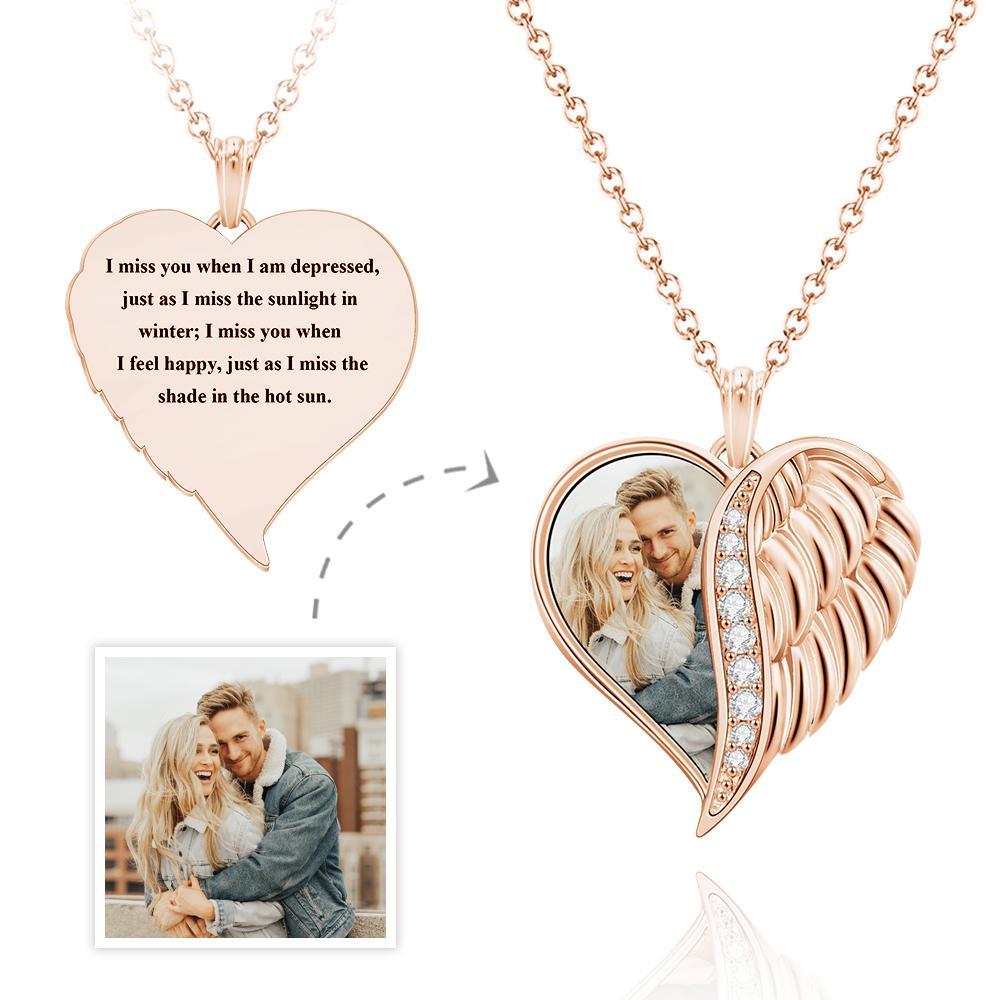 Custom Photo Engraved Necklace Angel Wings Heart Gifts-Blongser