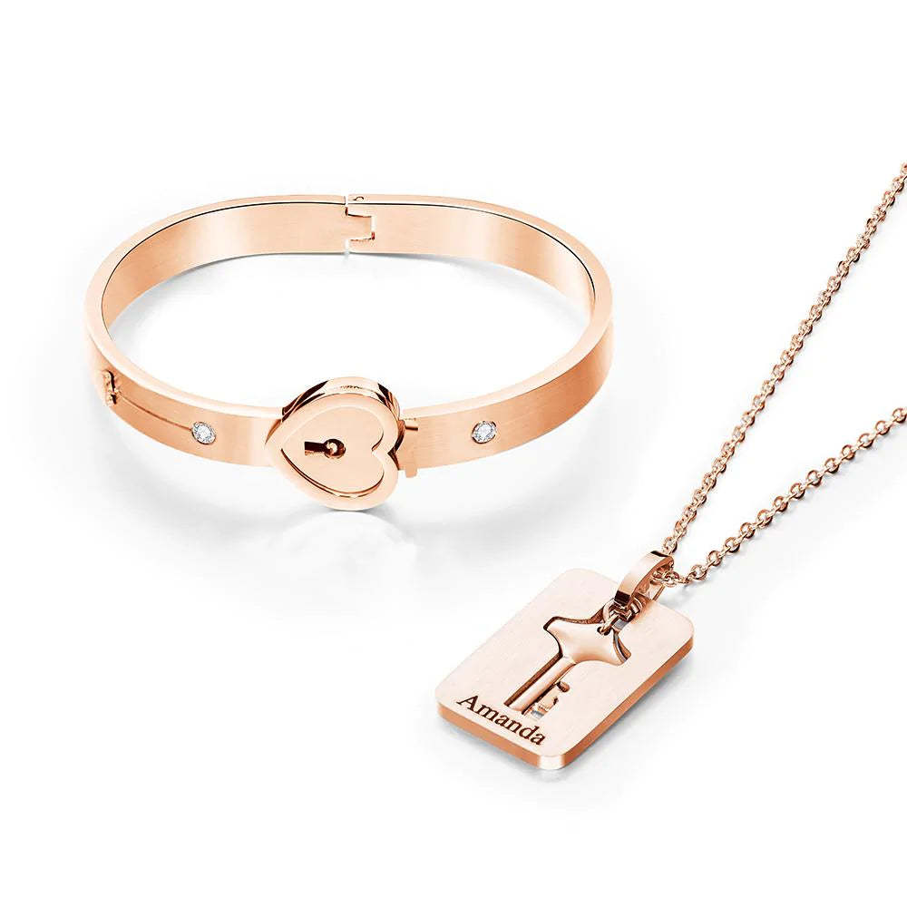 Custom Engraved Concentric Lock Bracelet Key Necklace Couple Gifts-Blongser