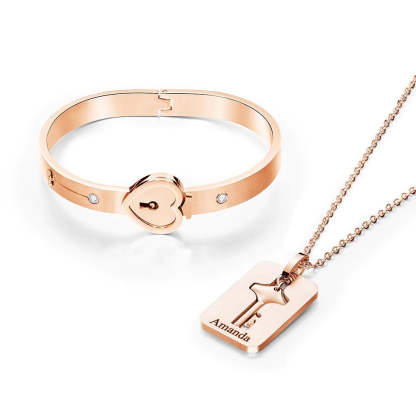 Custom Engraved Concentric Lock Bracelet Key Necklace Couple Gifts-Blongser