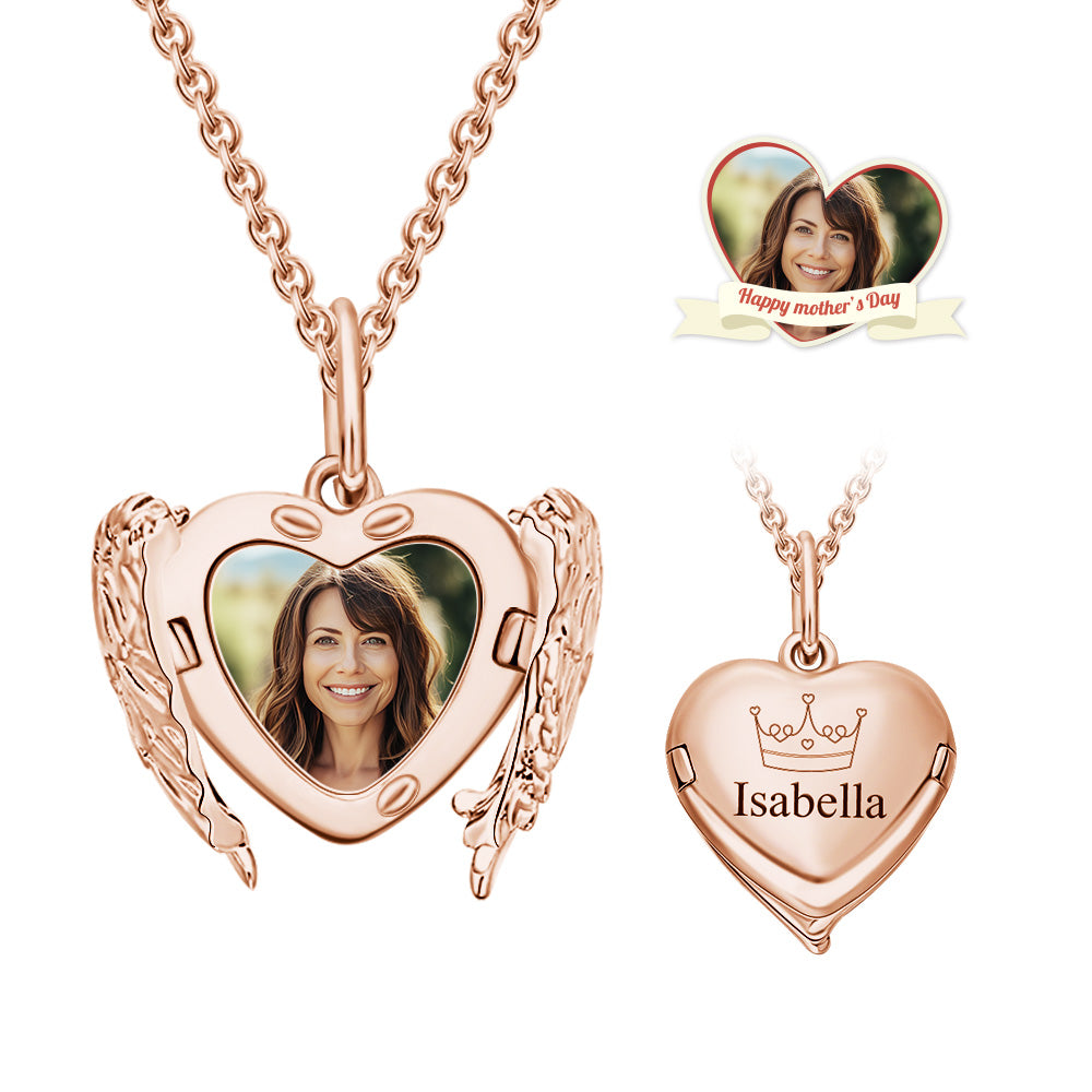 Custom Engraved Locket Necklace Angel Wings Pattern Gift for Her-Blongser