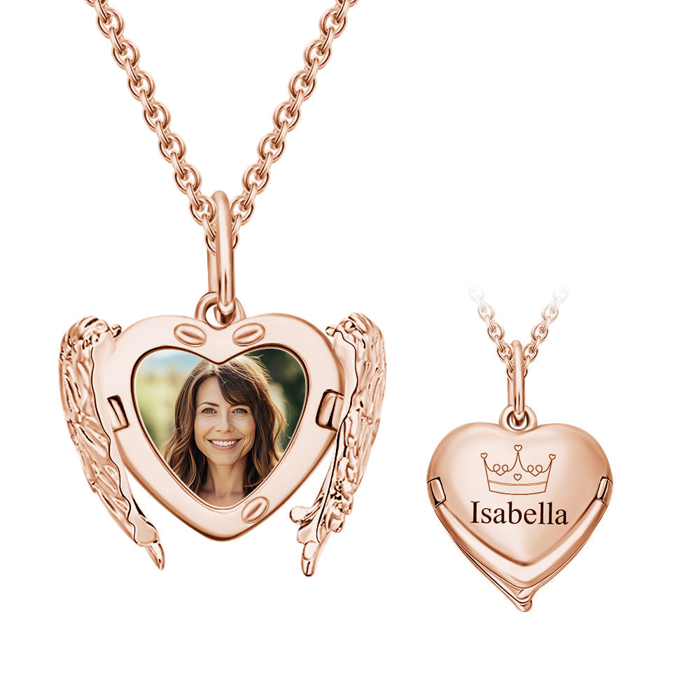 Custom Engraved Locket Necklace Angel Wings Pattern Gift for Her-Blongser
