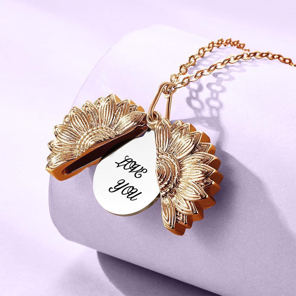 Custom Engraved Text Sunflower Locket Necklace-Blongser