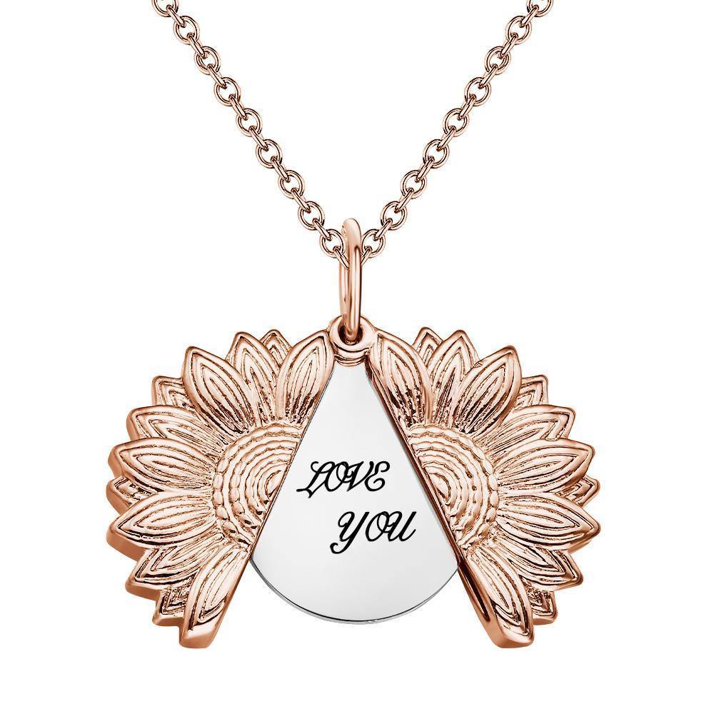 Custom Engraved Text Sunflower Locket Necklace-Blongser