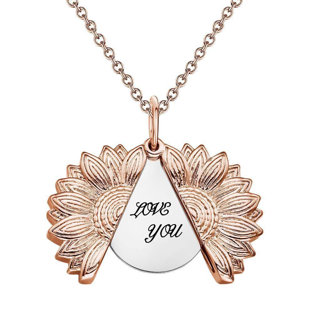 Custom Engraved Text Sunflower Locket Necklace-Blongser