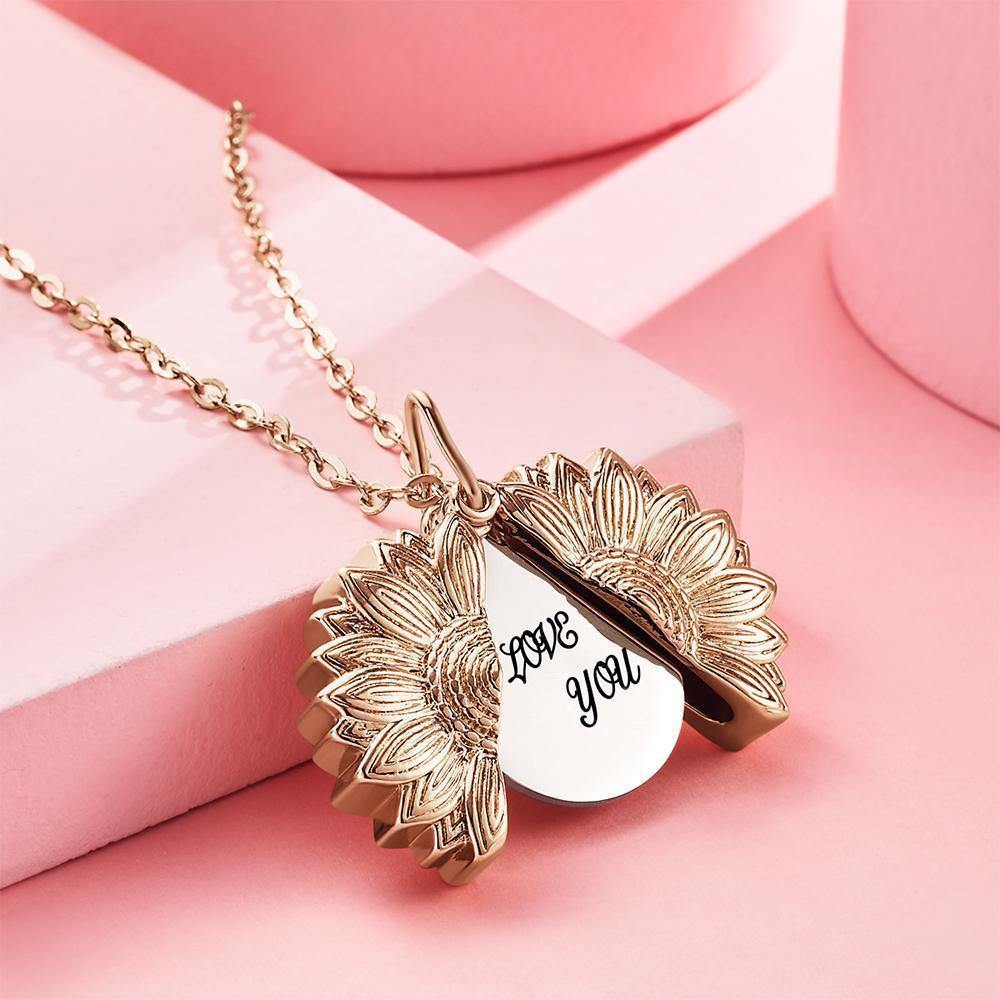 Custom Engraved Text Sunflower Locket Necklace-Blongser