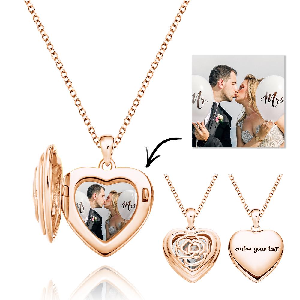 Custom Photo Engraved Necklace Heart Locket Rose Necklace Gift for Women-Blongser