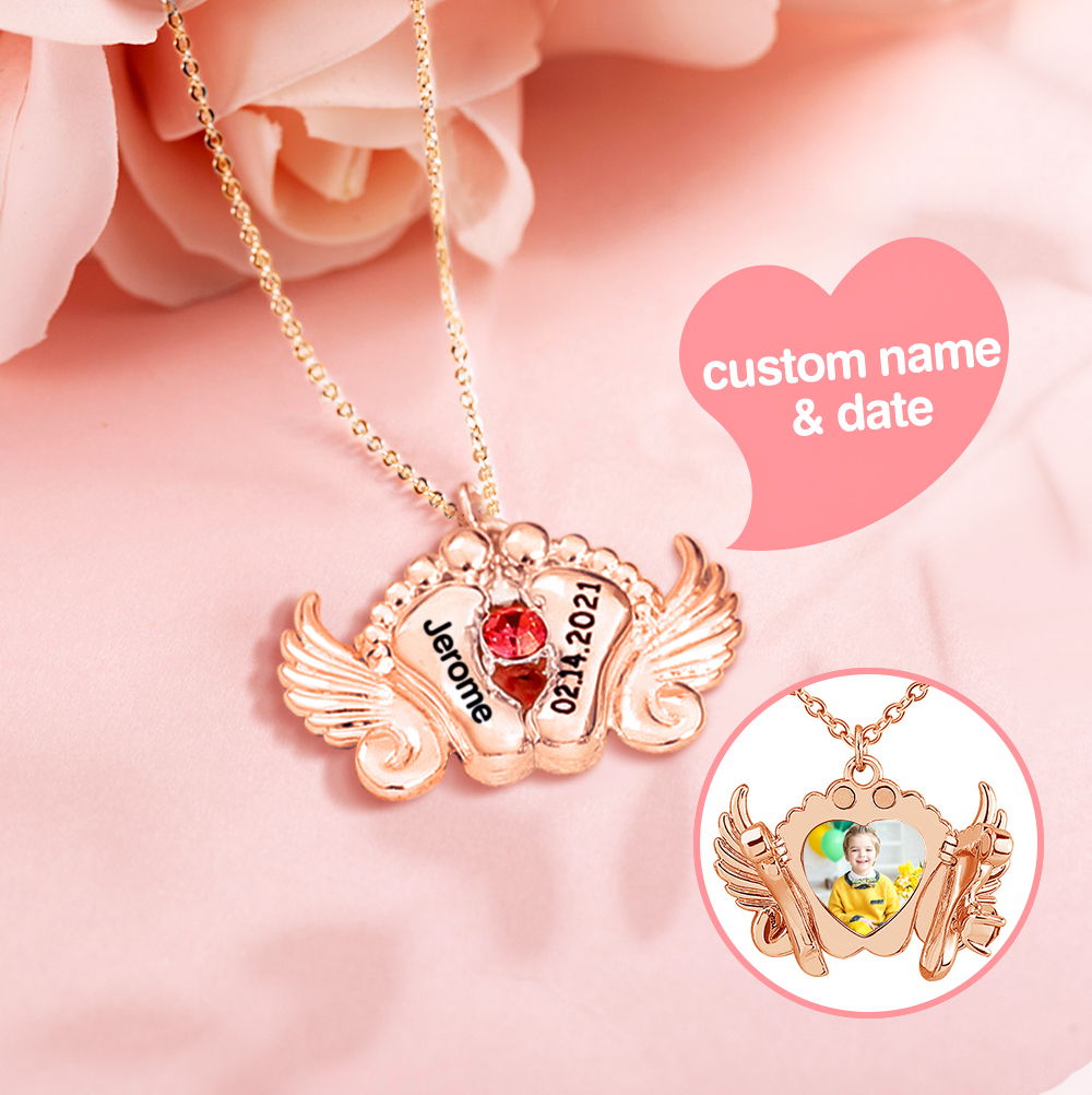 Personalized Angel Feet Locket Birthstone Necklace - 3 Colors-Blongser