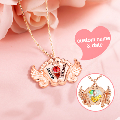 Personalized Angel Feet Locket Birthstone Necklace - 3 Colors-Blongser