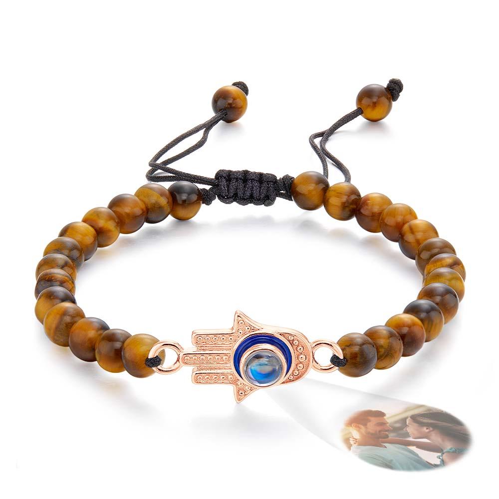 Custom Photo Projection Bracelet Tiger Eye Beaded Hamsa Evil Eye Men's Amulet Bracelet for Him-Blongser