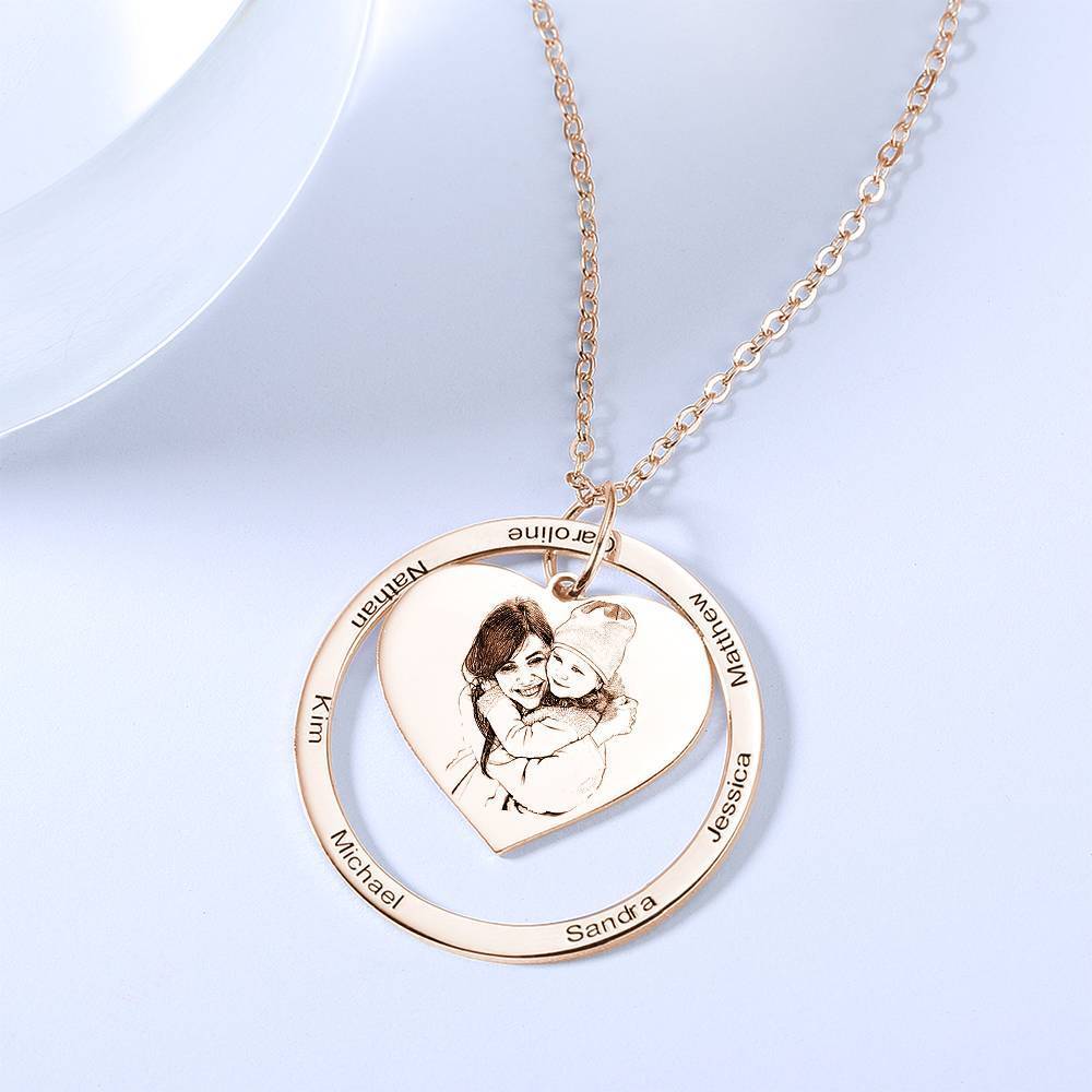 Photo Engraved Necklace Heart In Round Pendant, Family Necklace Rose Gold Plated - Rose Gold-Blongser