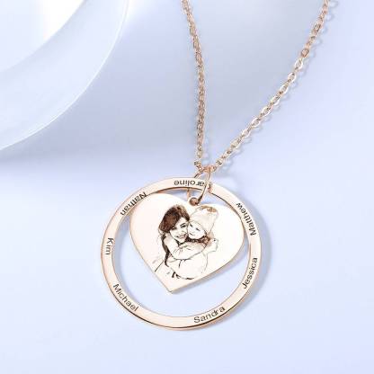 Photo Engraved Necklace Heart In Round Pendant, Family Necklace Rose Gold Plated - Rose Gold-Blongser