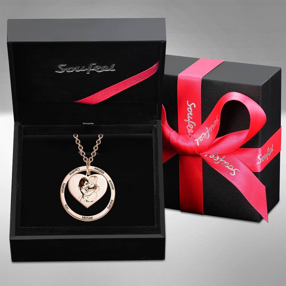 Photo Engraved Necklace Heart In Round Pendant, Family Necklace Rose Gold Plated - Rose Gold-Blongser