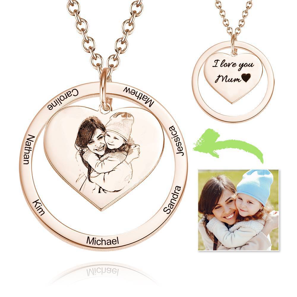 Photo Engraved Necklace Heart In Round Pendant, Family Necklace Rose Gold Plated - Rose Gold-Blongser