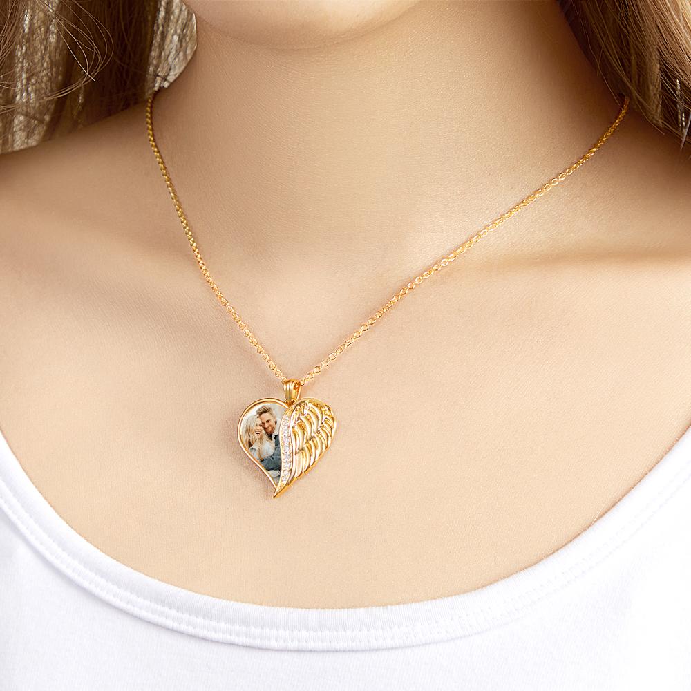 Custom Photo Engraved Necklace Angel Wings Heart Gifts-Blongser