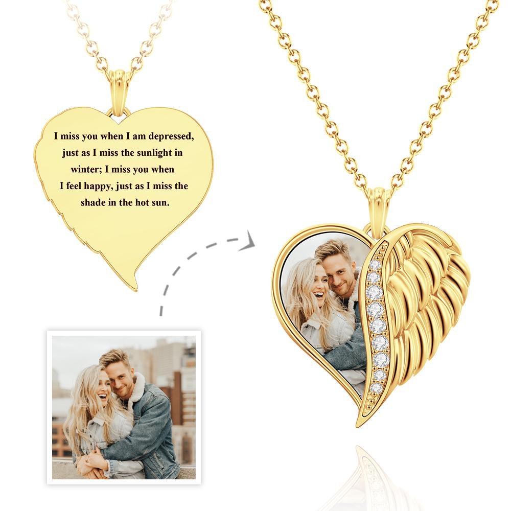 Custom Photo Engraved Necklace Angel Wings Heart Gifts-Blongser
