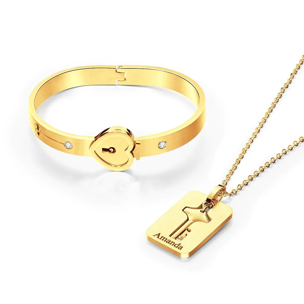 Custom Engraved Concentric Lock Bracelet Key Necklace Couple Gifts-Blongser