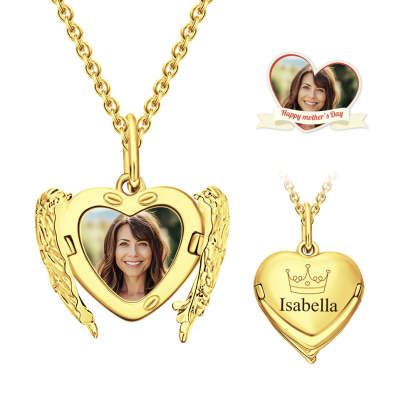 Custom Engraved Locket Necklace Angel Wings Pattern Gift for Her-Blongser