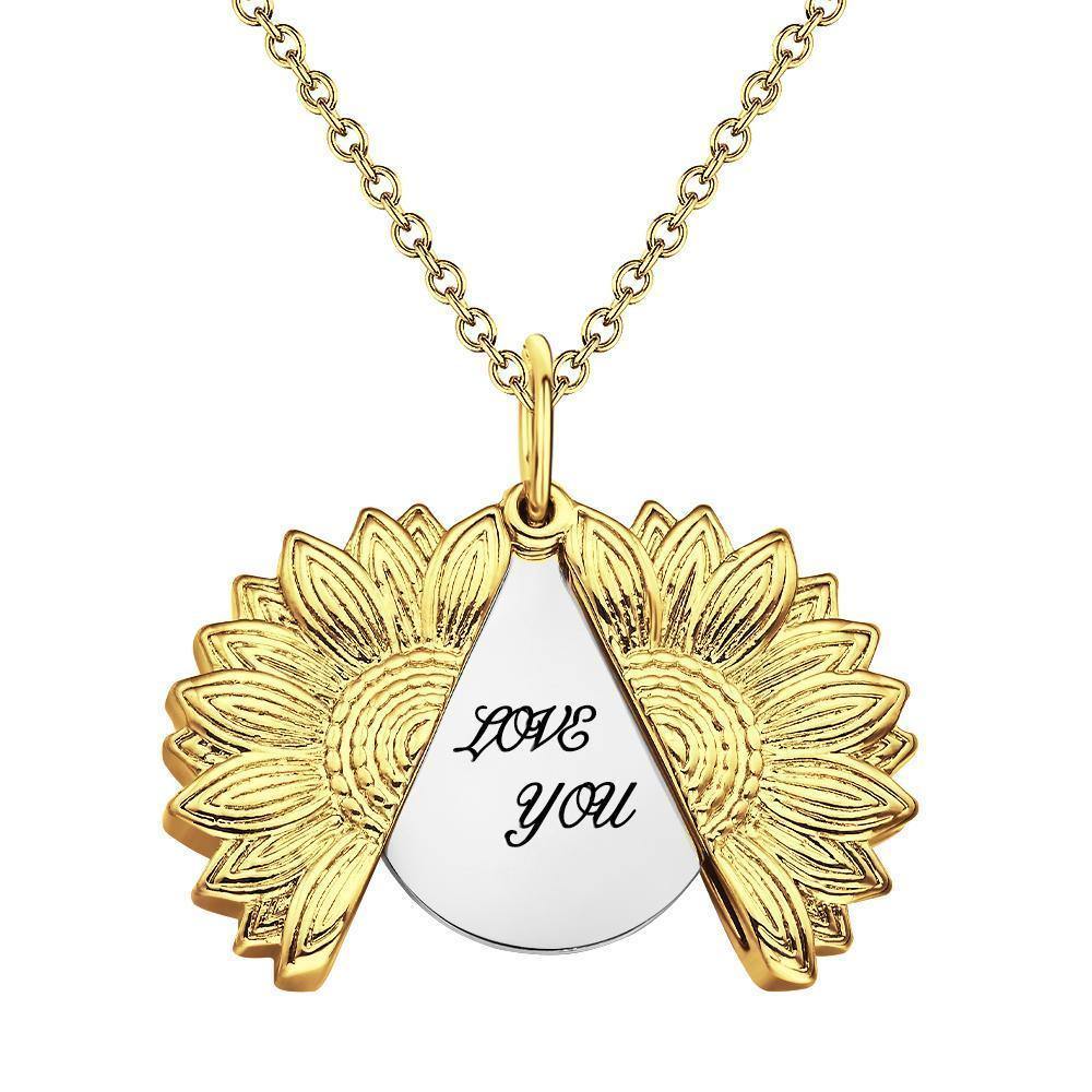 Custom Engraved Text Sunflower Locket Necklace-Blongser