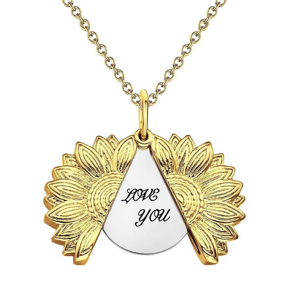 Custom Engraved Text Sunflower Locket Necklace-Blongser