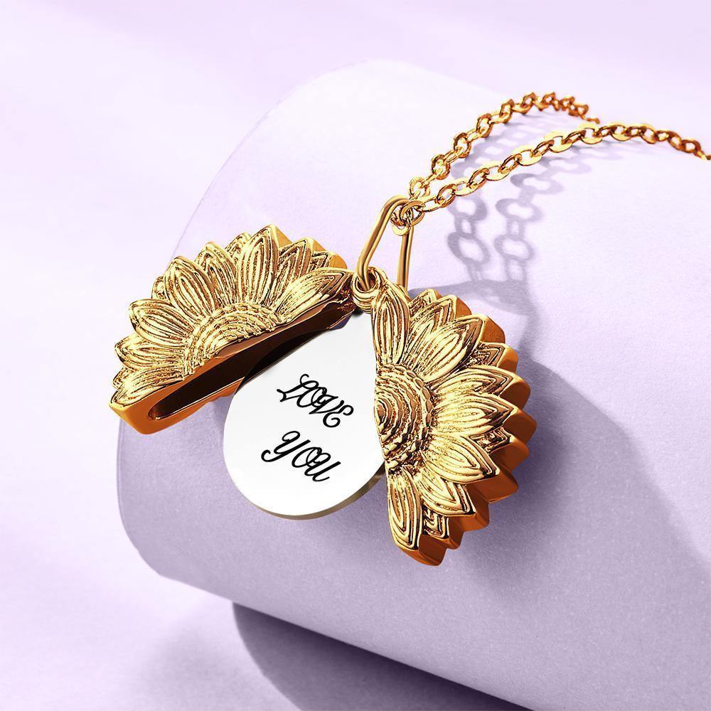Custom Engraved Text Sunflower Locket Necklace-Blongser