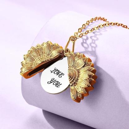 Custom Engraved Text Sunflower Locket Necklace-Blongser