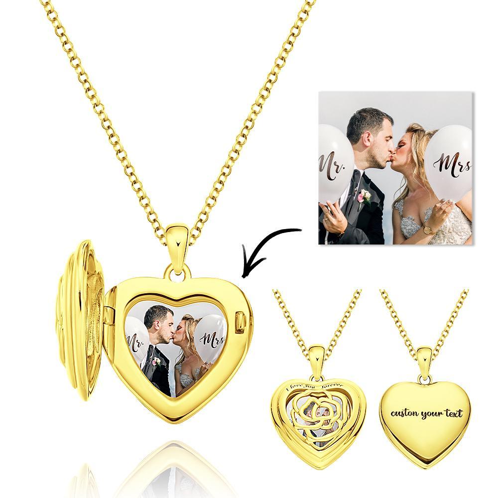 Custom Photo Engraved Necklace Heart Locket Rose Necklace Gift for Women-Blongser