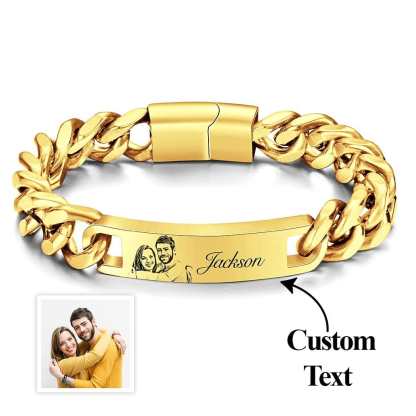 Custom Engraved Men's Bracelet Stainless Steel Photo Vintage Bracelet Jewelry Father's Day Gifts-Gold-Blongser