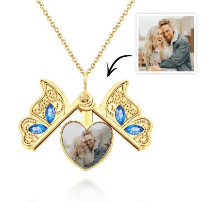 Custom Photo Necklace Butterfly Pendant Locket Necklace Gift for Women-Blongser