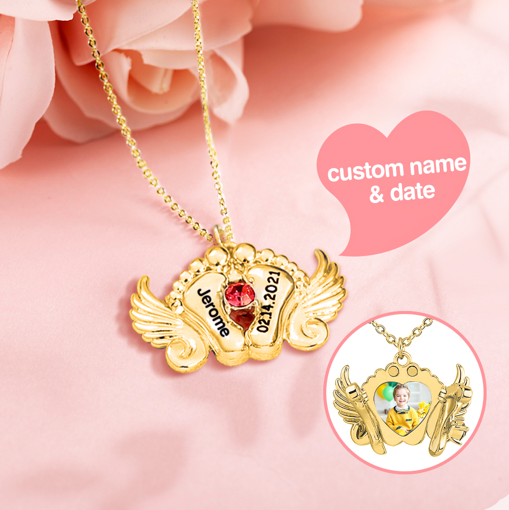 Personalized Angel Feet Locket Birthstone Necklace - 3 Colors-Blongser