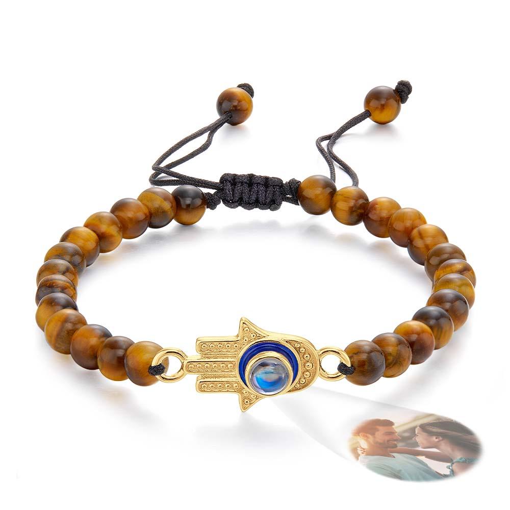 Custom Photo Projection Bracelet Tiger Eye Beaded Hamsa Evil Eye Men's Amulet Bracelet for Him-Blongser