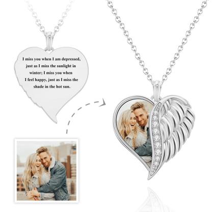 Custom Photo Engraved Necklace Angel Wings Heart Gifts-Blongser