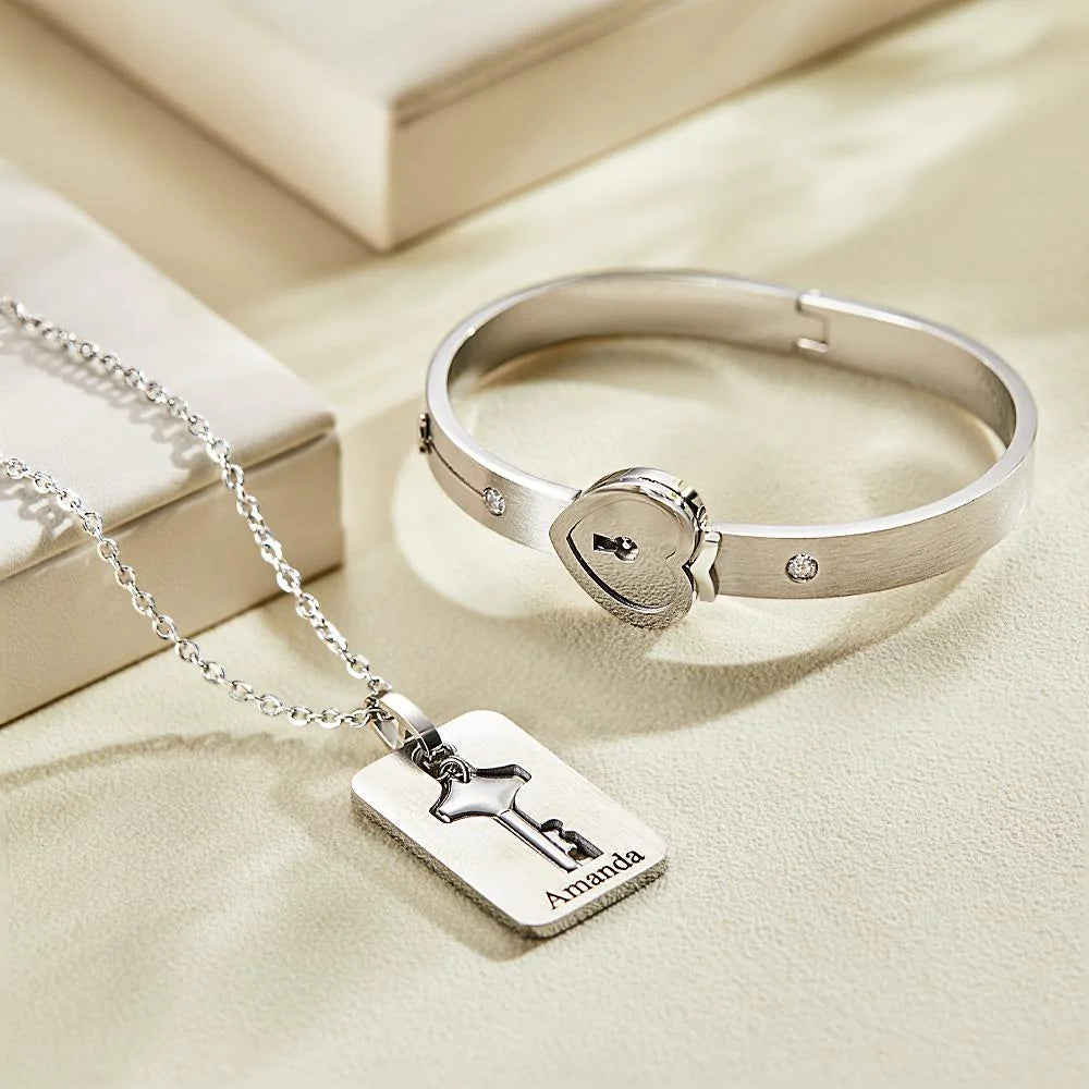 Custom Engraved Concentric Lock Bracelet Key Necklace Couple Gifts-Blongser