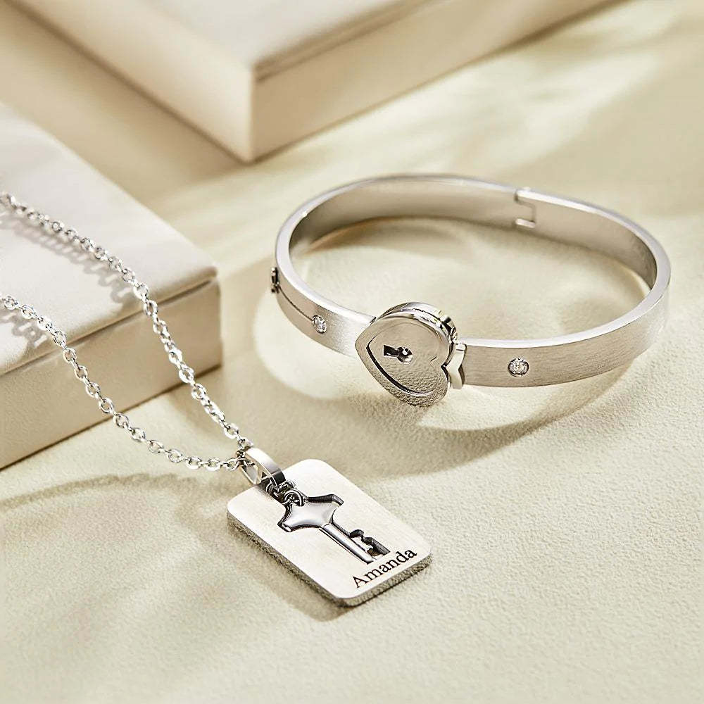 Custom Engraved Concentric Lock Bracelet Key Necklace Couple Gifts-Blongser