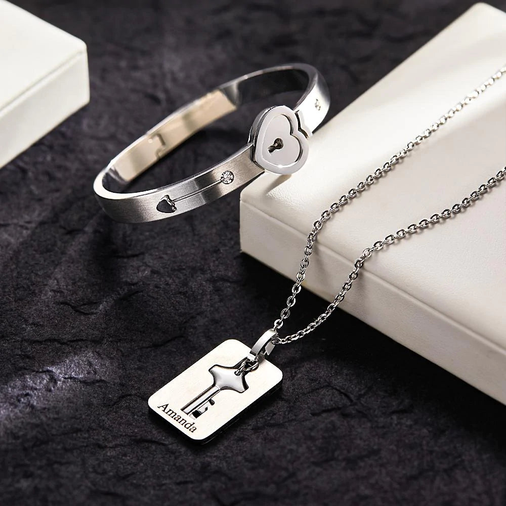 Custom Engraved Concentric Lock Bracelet Key Necklace Couple Gifts-Blongser