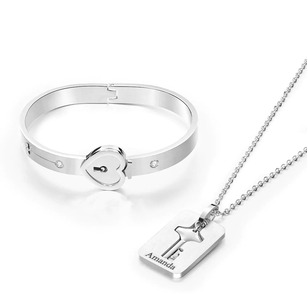 Custom Engraved Concentric Lock Bracelet Key Necklace Couple Gifts-Blongser