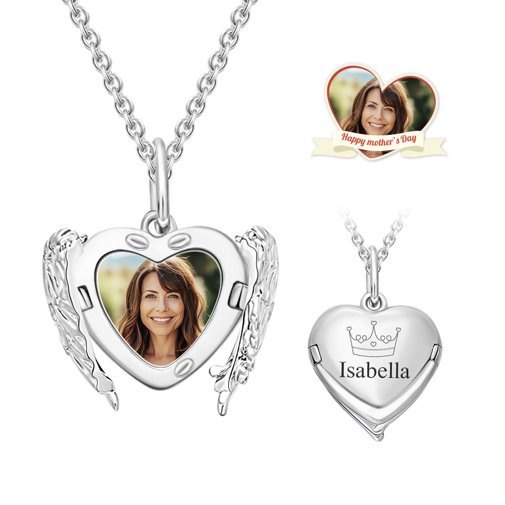 Custom Engraved Locket Necklace Angel Wings Pattern Gift for Her-Blongser