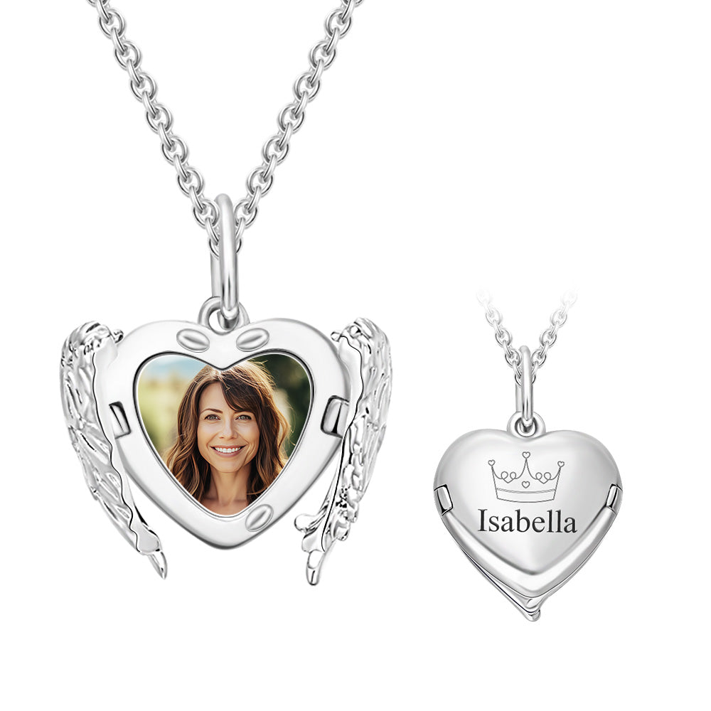 Custom Engraved Locket Necklace Angel Wings Pattern Gift for Her-Blongser