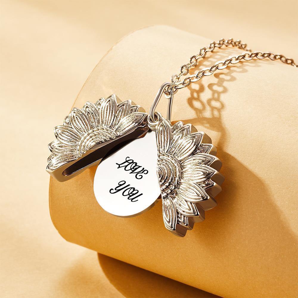 Custom Engraved Text Sunflower Locket Necklace-Blongser