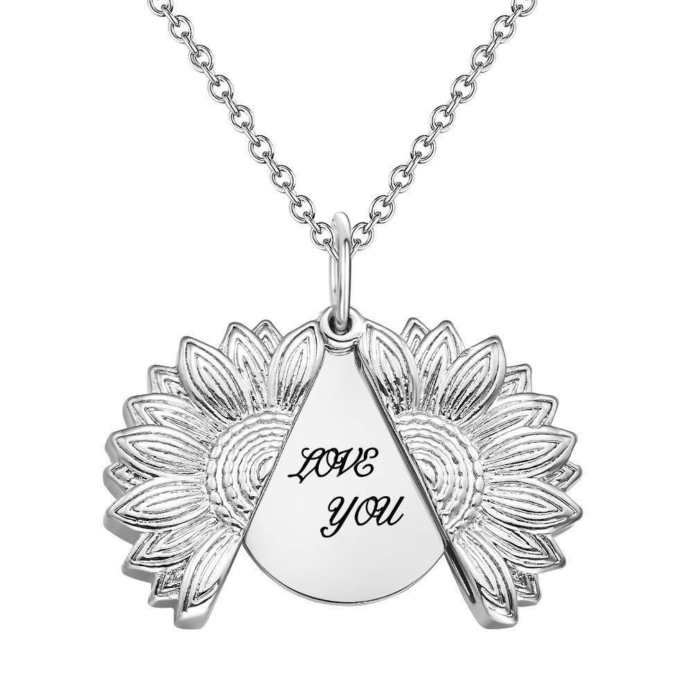Custom Engraved Text Sunflower Locket Necklace-Blongser