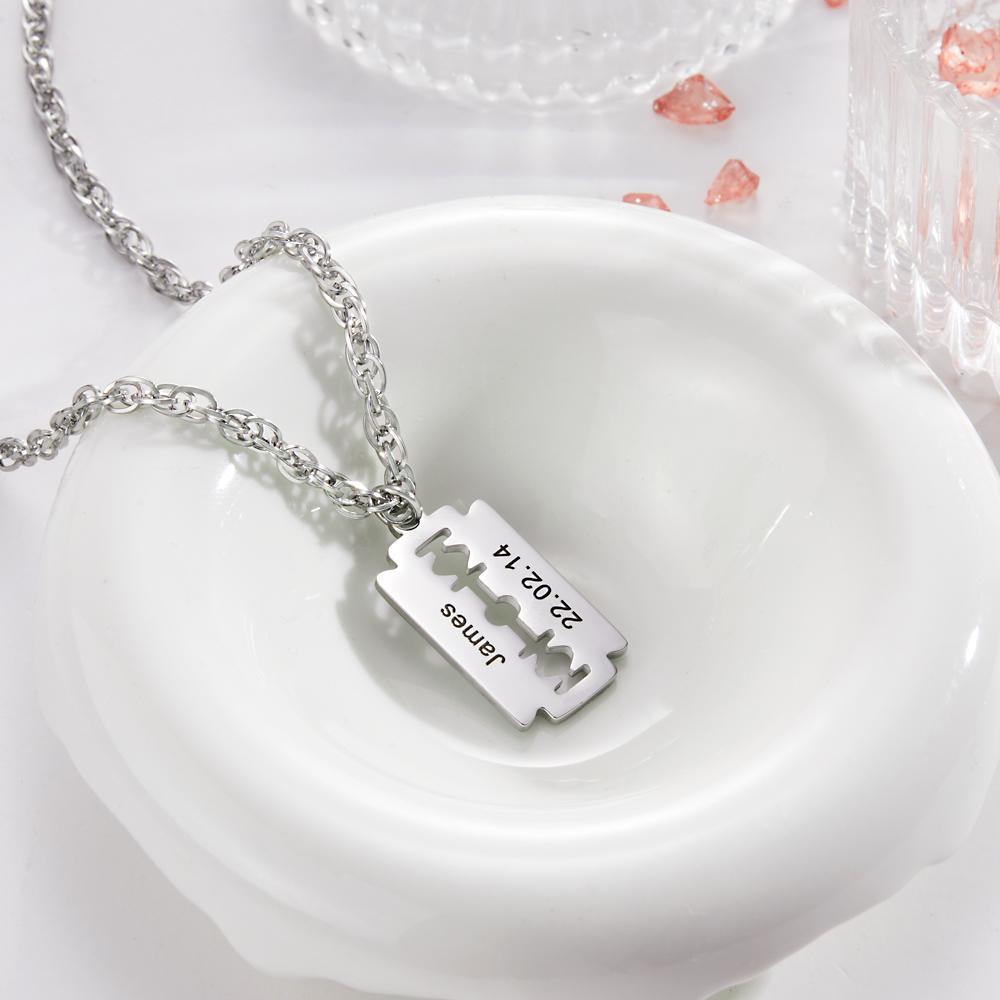 Custom Engraved Necklace Razor Blade Pendant Men Necklace Fashion Gift for Boyfriend-Blongser