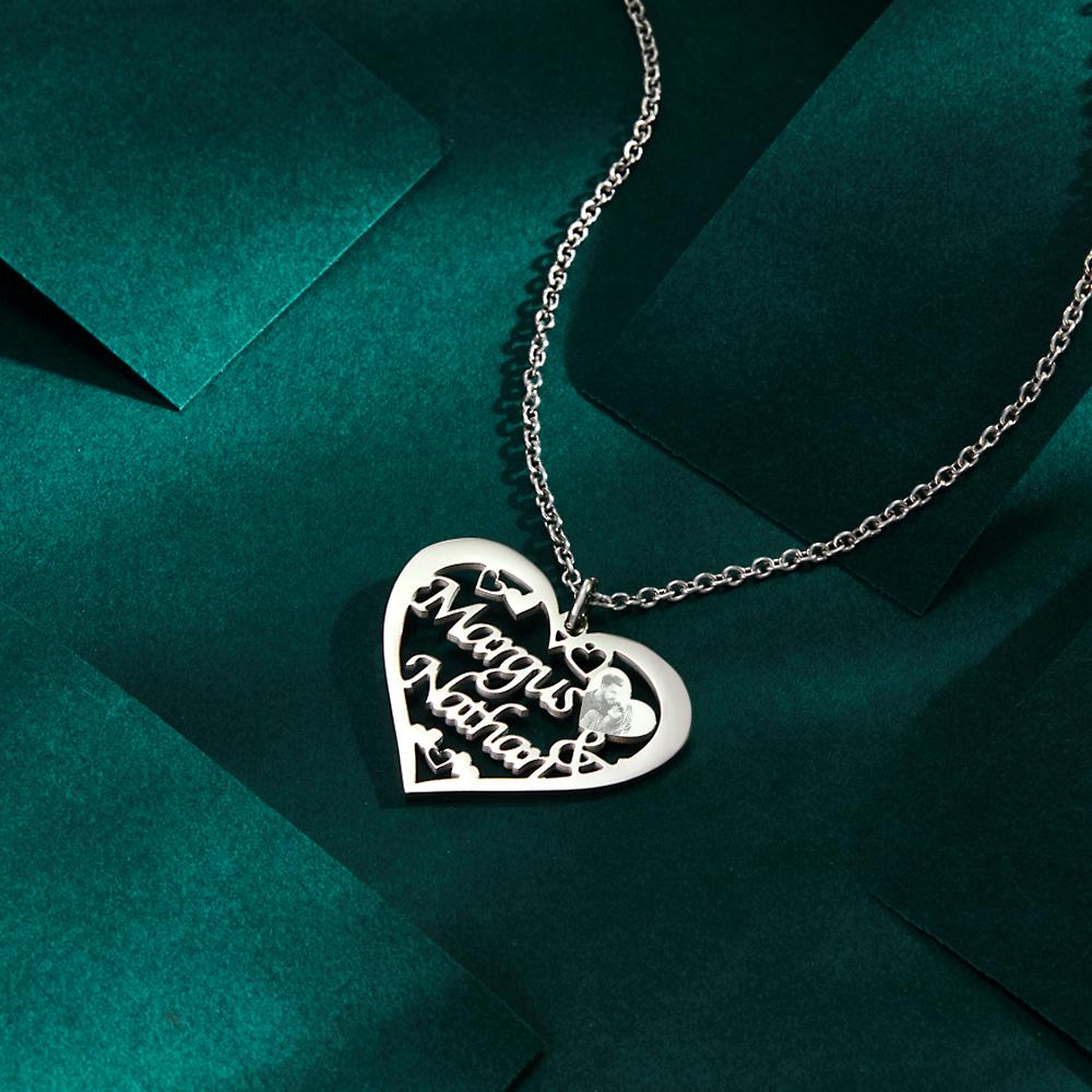 Custom Engraved Photo Necklaces Heart-shaped Pendant Necklace With Names-Blongser