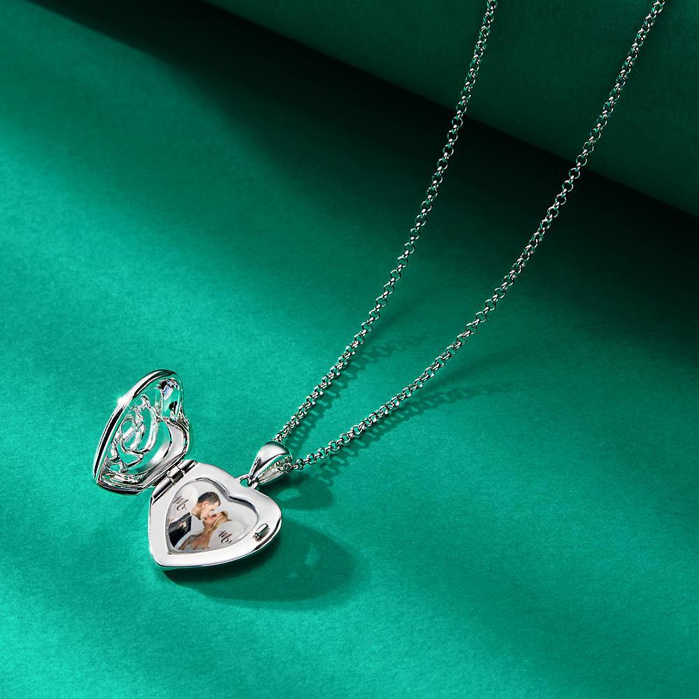 Custom Photo Engraved Necklace Heart Locket Rose Necklace Gift for Women-Blongser