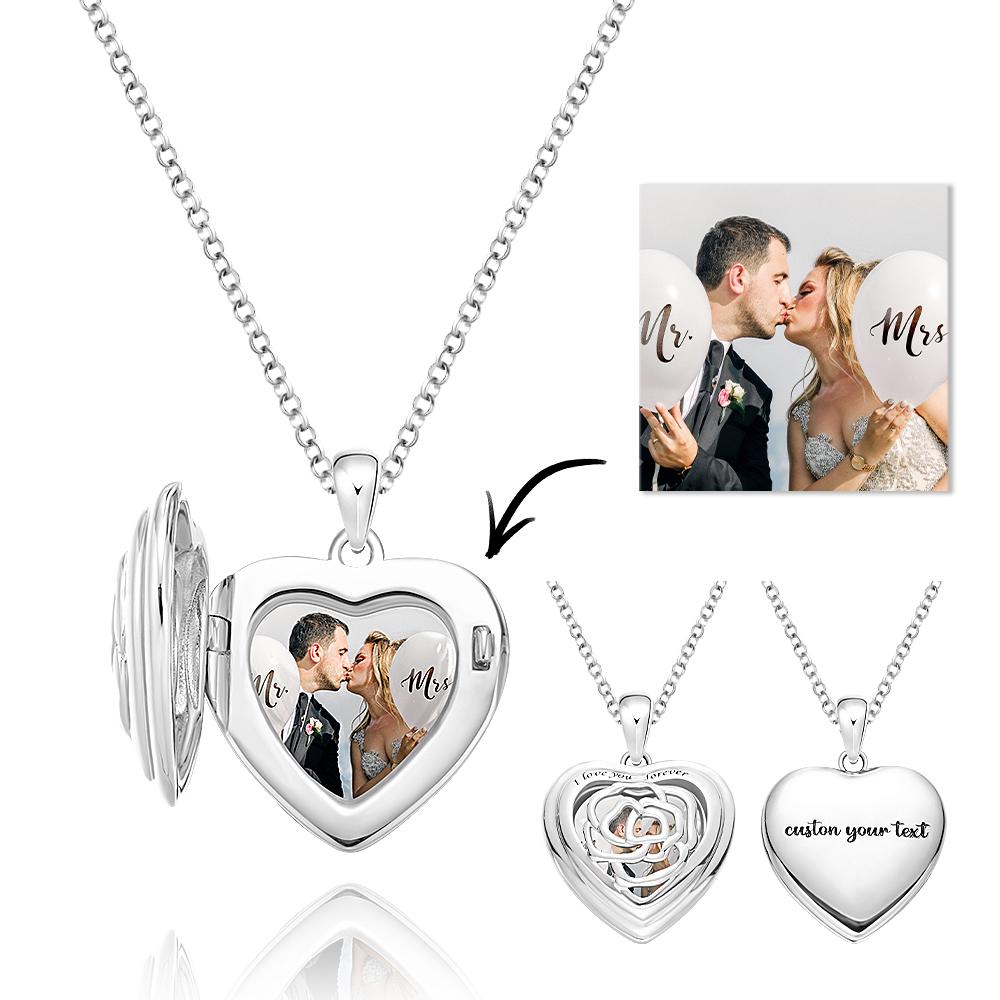 Custom Photo Engraved Necklace Heart Locket Rose Necklace Gift for Women-Blongser