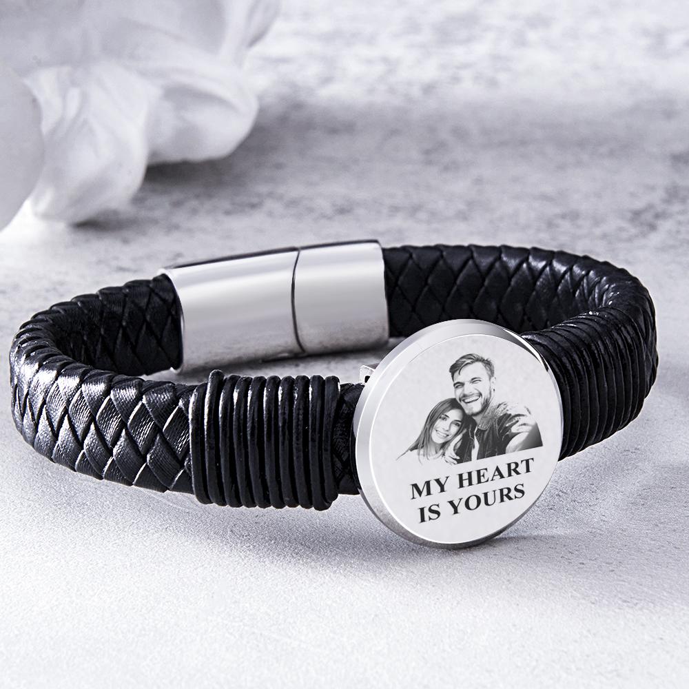 Personalized Photo Leather Wide Bracelet Engraved Unique Bracelet Gifts For Him-Blongser